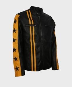 Mens Biker Yellow Star Black Leather Jacket
