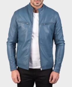 Mens Iconic Blue Leather Biker Jacket