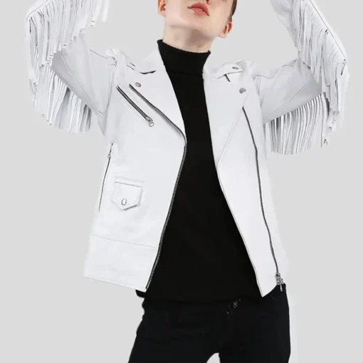 White Leather Fringe Jacket Biker