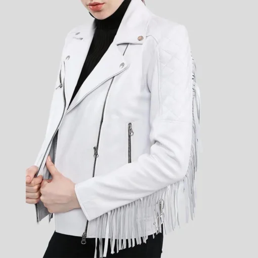 White Leather Fringe Jacket Biker