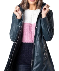 Women’s Navy Color Genuine Leather Hooded Coat