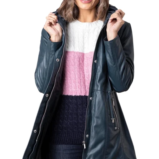Women’s Navy Color Genuine Leather Hooded Coat