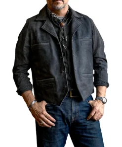 Men’s Notch Collar Charcoal Vest In Leather