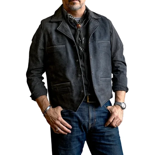 Men’s Notch Collar Charcoal Vest In Leather