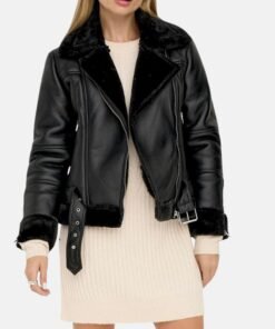 Agnes Asymmetrical Womens Black Shearling Leather Jacket