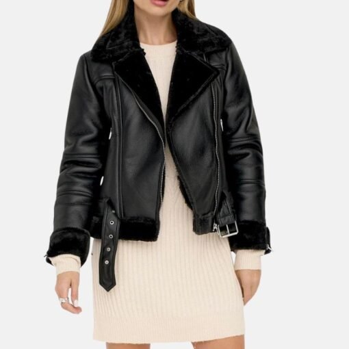 Agnes Asymmetrical Womens Black Shearling Leather Jacket