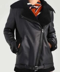 Womens Black Shearling Aviator Jacket