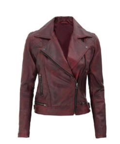Women’s Red Distressed Leather Motorcycle Jacket