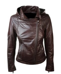 Womens Slim Fit Leather Jacket with Hood