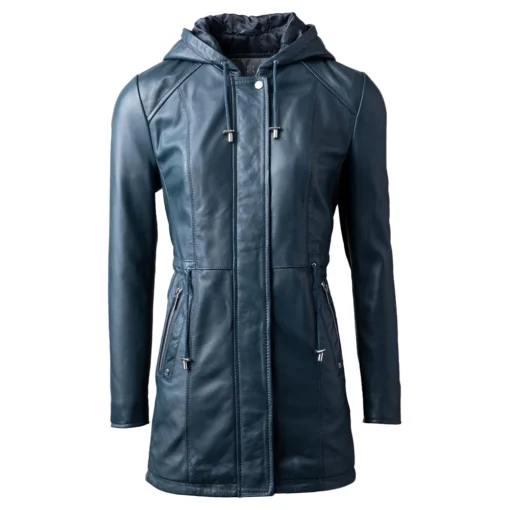 Women’s Navy Color Genuine Leather Hooded Coat