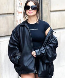 Addison Rae Black Trucker Leather Jacket