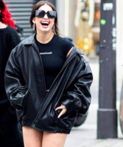 Addison Rae Black Trucker Leather Jacket