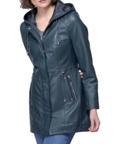 Women’s Navy Color Genuine Leather Hooded Coat