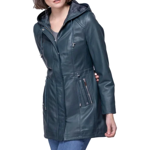Women’s Navy Color Genuine Leather Hooded Coat
