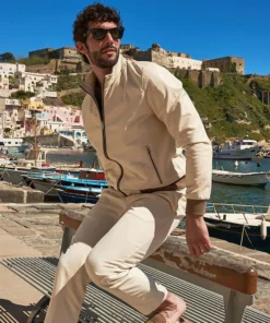 Beige Bomber Leather Jacket