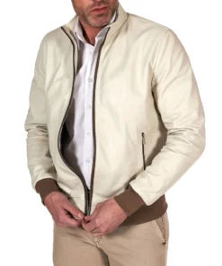 Beige Bomber Leather Jacket
