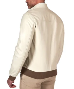 Beige Bomber Leather Jacket