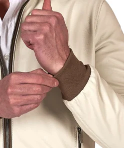 Beige Bomber Leather Jacket