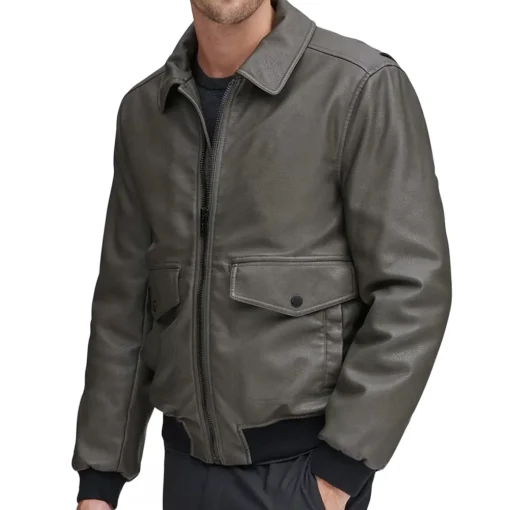 Men Classic Real Gray Bomber Leather Jacket