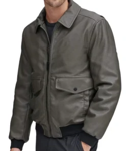 Men Classic Real Gray Bomber Leather Jacket