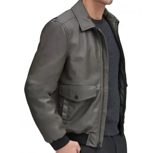 Men Classic Real Gray Bomber Leather Jacket