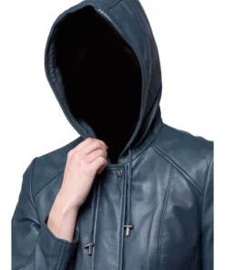 Women’s Navy Color Genuine Leather Hooded Coat