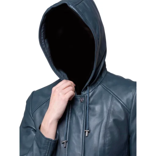 Women’s Navy Color Genuine Leather Hooded Coat