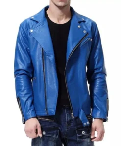 Blue leather biker jacket Men