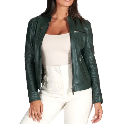 Women’s Dark Green Biker Leather Jacket