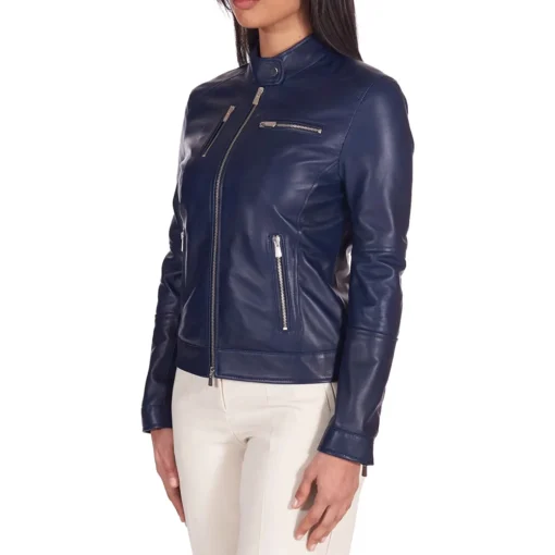 Women’s Navy Blue Genuine Leather Motorcycle Jacket