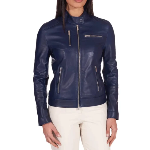 Women’s Navy Blue Genuine Leather Motorcycle Jacket