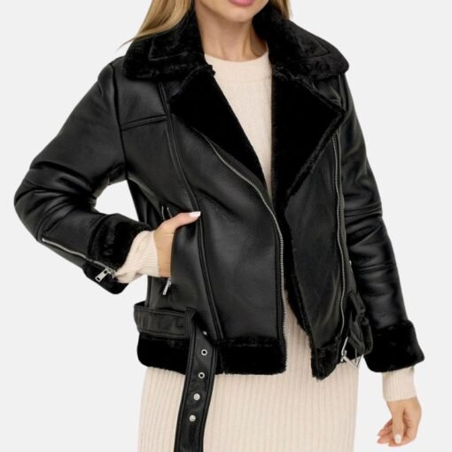 Agnes Asymmetrical Womens Black Shearling Leather Jacket