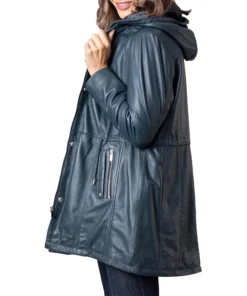 Women’s Navy Color Genuine Leather Hooded Coat