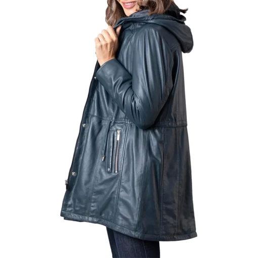 Women’s Navy Color Genuine Leather Hooded Coat