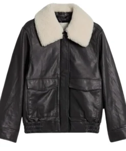 Womens Black Leather Jacket with Shearling Collar