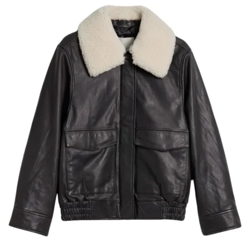 Womens Black Leather Jacket with Shearling Collar