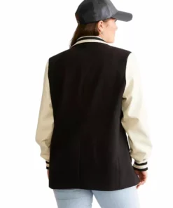 Womens Black Wool Varsity Jacket With White Leather Sleeves