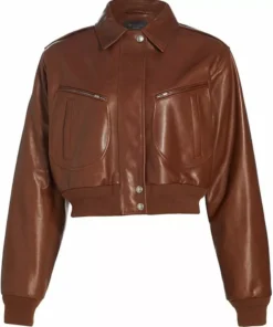 Womens Cropped Brown Leather Bomber Jacket