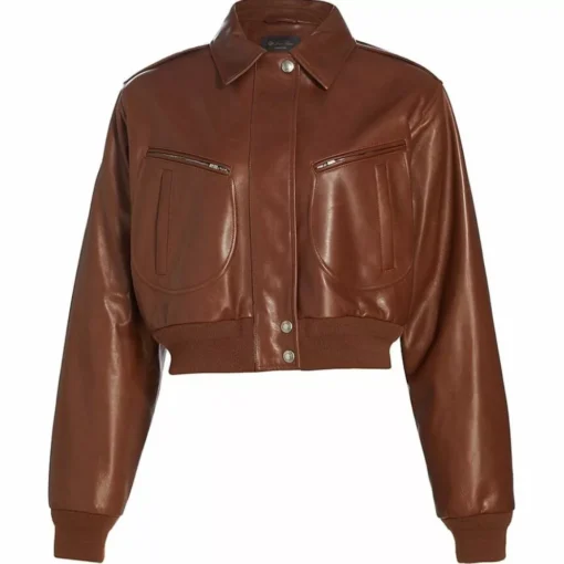 Womens Cropped Brown Leather Bomber Jacket