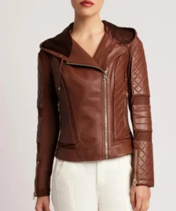Womens Brown Moto Quilted Hooded Leather Jacket