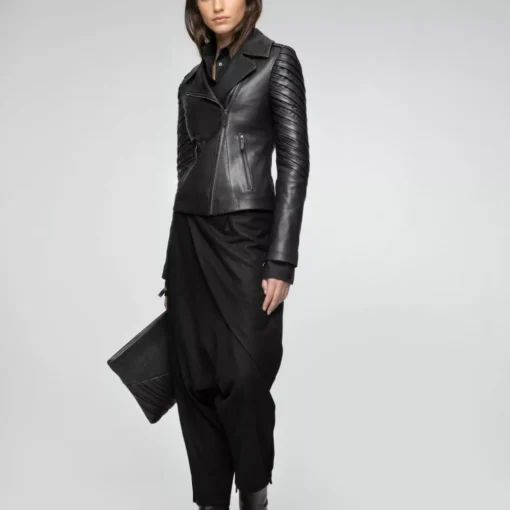 Women’s Modern Asymmetrical Black Biker Leather Jacket