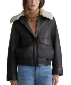 Womens Black Leather Jacket with Shearling Collar