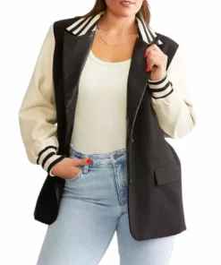 Womens Black Wool Varsity Jacket With White Leather Sleeves