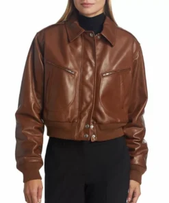Womens Cropped Brown Leather Bomber Jacket