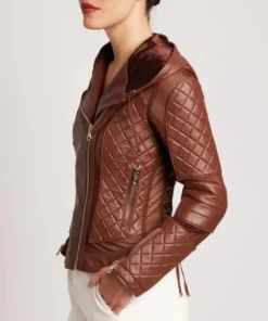 Womens Brown Moto Quilted Hooded Leather Jacket