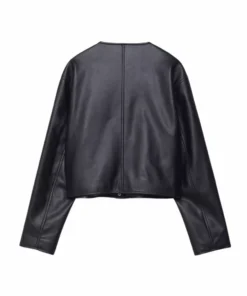 Women Black Laybin Collarless Crop Leather Jacket
