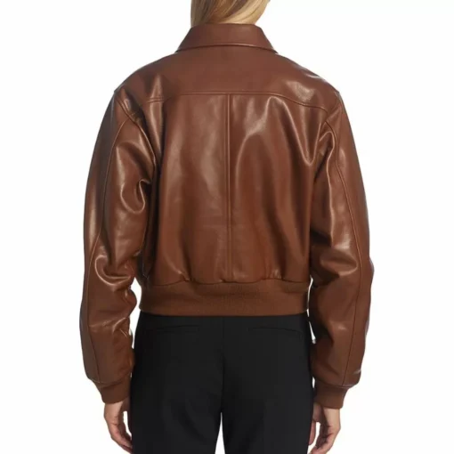 Womens Cropped Brown Leather Bomber Jacket