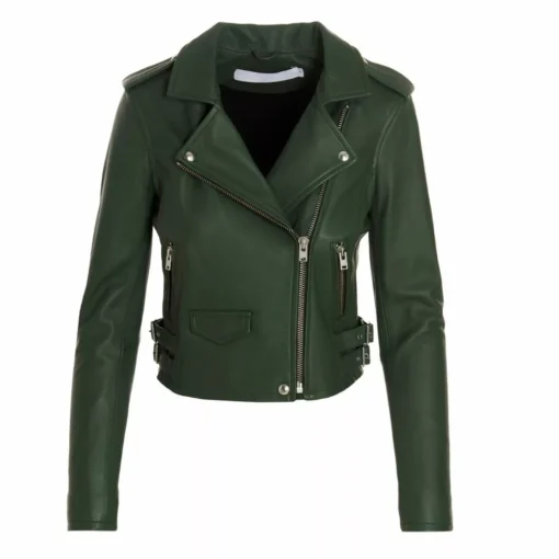 Asymmetrical Green Biker Leather Jacket Women