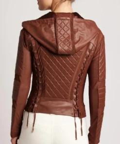 Womens Brown Moto Quilted Hooded Leather Jacket