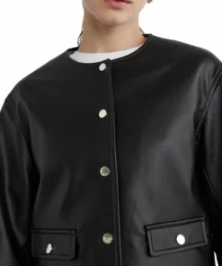 Women Black Laybin Collarless Crop Leather Jacket